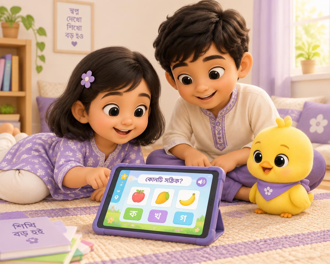 দুই ভাই-বোন মিলে KidMate-এ মজার শেখার খেলা খেলছে