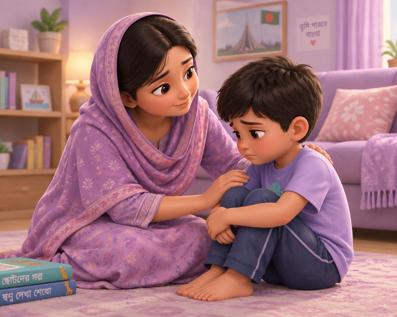 মা শান্তভাবে মন খারাপ করা ছেলেকে সামলাচ্ছেন